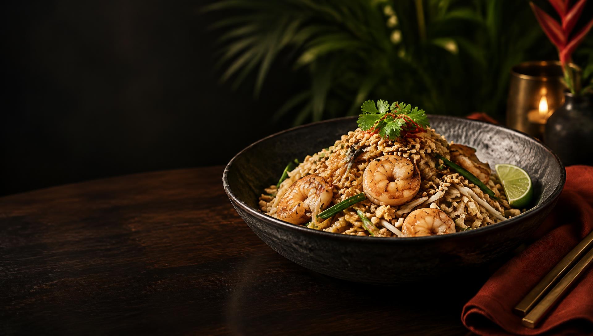 Prato tailandês em apresentação gastronômica